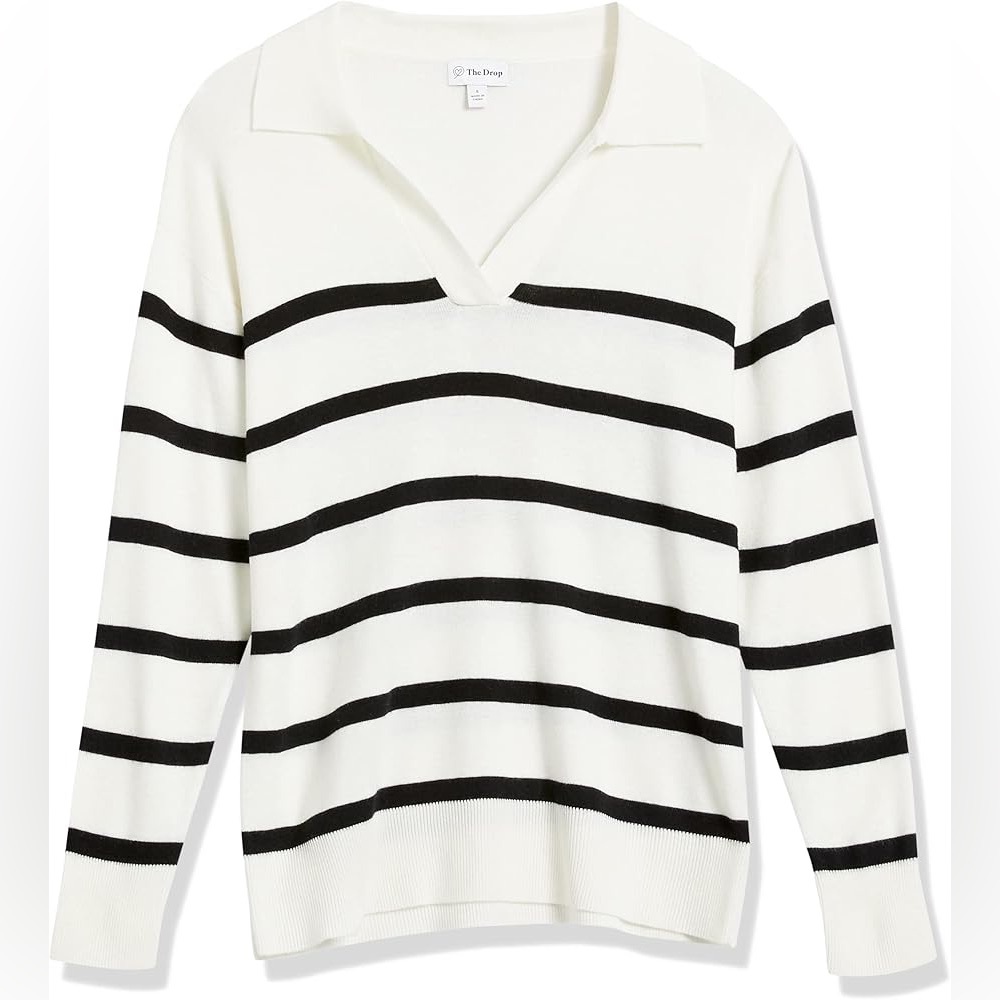The Drop Black & White Striped Long Sleeve Sweater